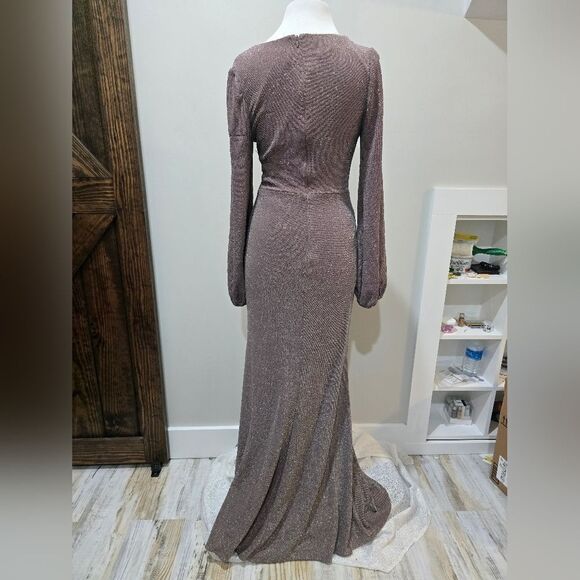 Betsy & Adam Clara Long Sleeve Glitter Knit Knot Dress NWOT size 8 Taupe - Picture 5 of 7